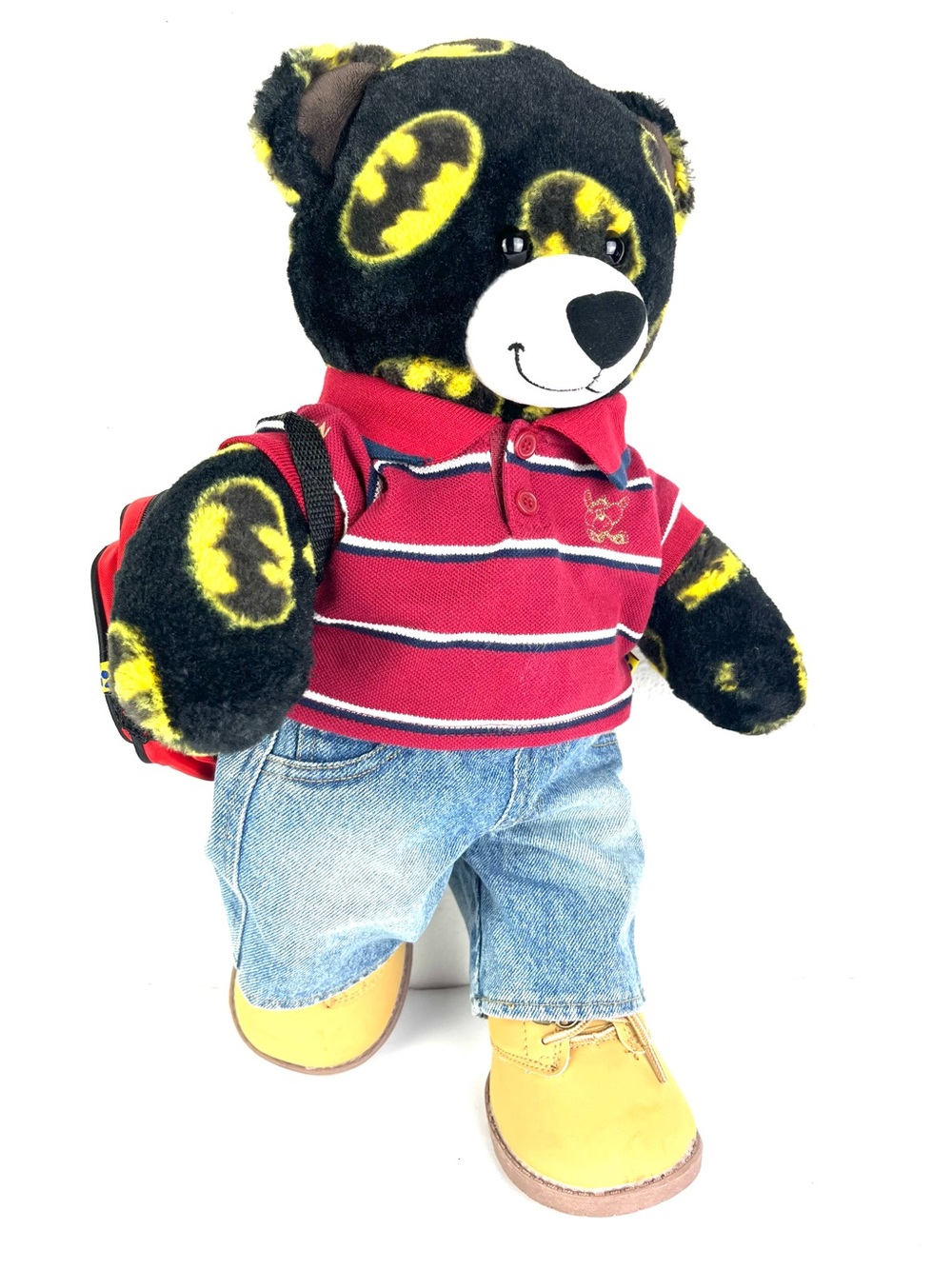 Build A Bear Batman Pattern Plush Bear Red Polo Top Jeans Boots Backpack School